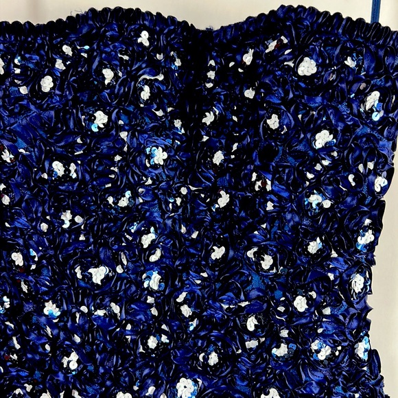 Vtg 80s Victor Costa Blue  Lace Swirl Sequin Strapless Dress Cotton Blend SZ 6 - Picture 3 of 10